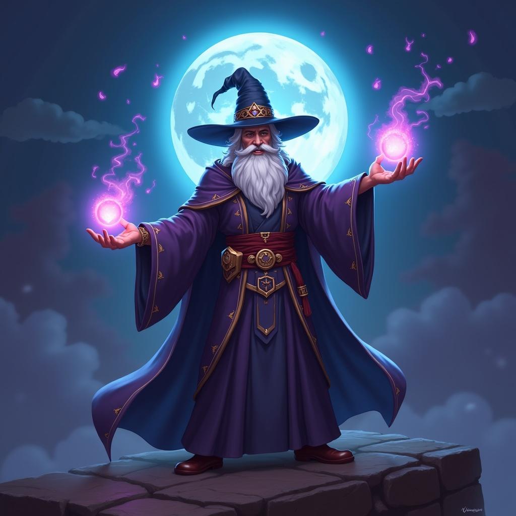 Hearthstone style image of a mage who worships the moon. Mage wears a purple robe and holds glowing orbs in hands under a blue moon.