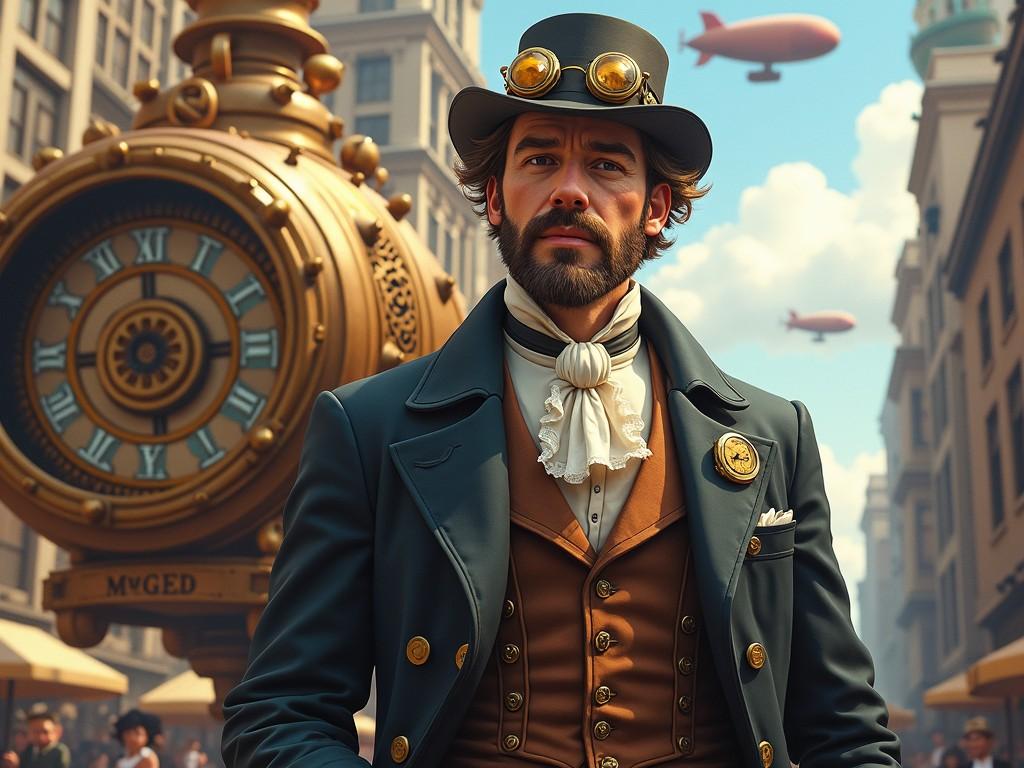 A man in steampunk attire with goggles stands in front of a large vintage clock in a bustling cityscape with airships in the sky.