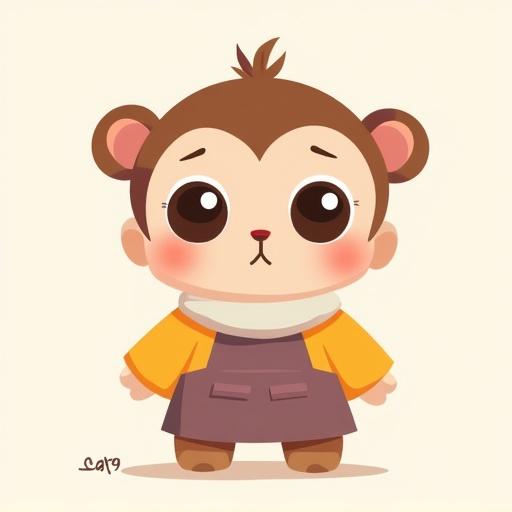 2D digital illustration of a character in a simple cartoon style. Character has big expressive eyes and a small round face. Blush on the cheeks with colorful clothing. Clean lines and minimal shading are used. Background is plain or lightly textured. Character is in a cute pose with exaggerated proportions.