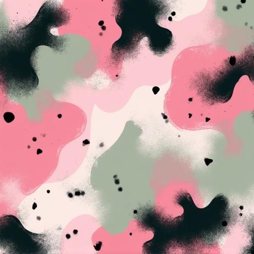Surreal abstract camouflage pattern background featuring pink light green and black colors. Displays irregular organic shapes, fluid splashes and blotches. Contains dynamic brush strokes and soft gradients. No characters or objects present.
