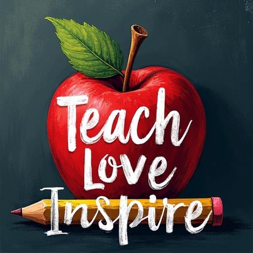 Bold t-shirt design for teachers. Chalkboard-style background. Red apple and yellow pencil in chalk-like texture. Text 'Teach Love Inspire' in white sans-serif font. Centered design on transparent background. High-contrast vector vintage art style.