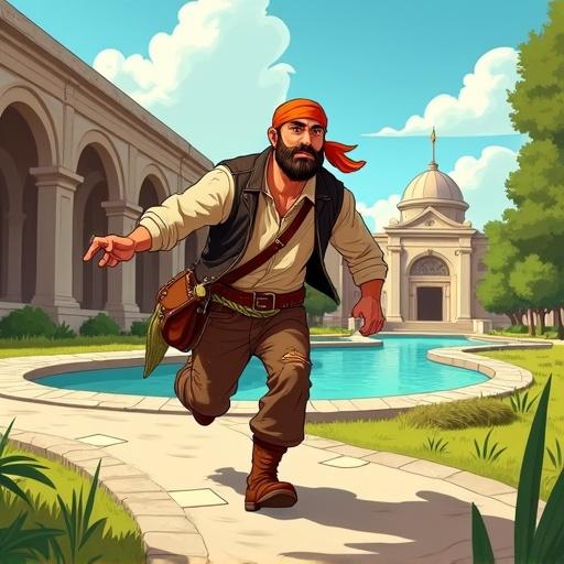 Full-body illustration of a rugged man with an orange bandana. He wears a loose light shirt and dark vest. Torn brown pants and a thick rope belt are seen. The man runs to the right with a determined expression. A leather satchel is on his body and a net bag in his hand. Background shows a classical architectural complex under a bright day. A reflective pond with stone borders is in the foreground with lush grass and trees around.