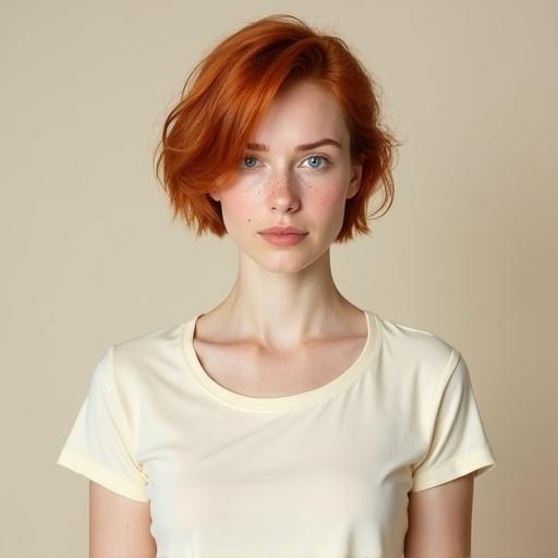 High resolution photorealistic portrait of a woman with short red hair wearing a cream-colored t-shirt. The image shows her from head to chest, centered, with a neutral expression and clear facial features. The background is simple and solid.