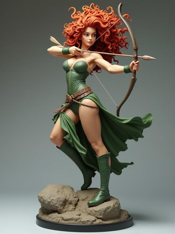 Highly detailed resin figure of female archer. Wild curly red hair. Confident pose shooting arrow. One foot on rock base. Outfits tight and heroic. Green corset with patterns. Long boots and green skirt. Ultra-detailed statue with soft shadows. Photorealistic lighting. Matte texture. No background. Full-body collectible statue.