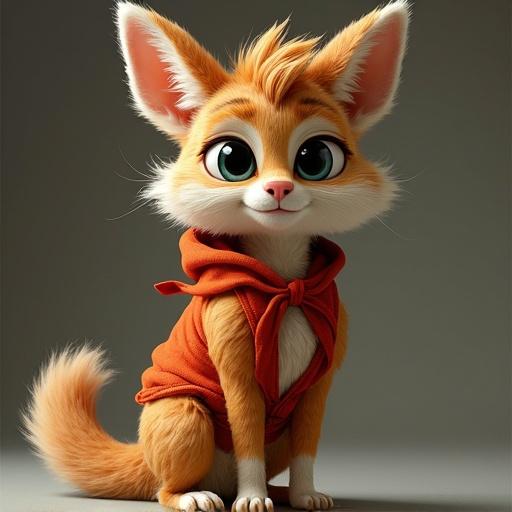 Create a cute furry character with big eyes and lively expression. Character has fluffy ears and fur. Character wears an orange hoodie. Character is playful and friendly.