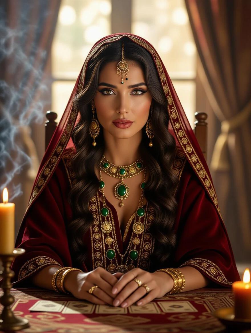 A hyper-realistic video in vertical format with a close-up of a mystical fortune teller. She has golden brown skin and intense eyes with kohl makeup. Long black hair styled elegantly. Dressed in a burgundy tunic with golden details and adorned with vintage jewelry and green stone rings. Seated in front of an old tarot card table with lit candles and incense smoke. The lighting creates a dramatic mystical ambiance. The character gazes seriously into the camera, gesturing slowly and speaking. The setting evokes a deep spiritual atmosphere with cinematic realism and smooth camera movements. The scene alternates focus between face hands and tarot cards enhancing tension and connection with the viewer.