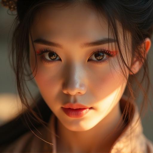 Close-up image of captivating eyes of a young Chinese woman from ancient China. Elaborate eyeliner and painted eyebrows enhance her mesmerizing gaze. Soft lighting creates a glow on her skin. Focus on her eyes with blurred surroundings. Warm tones capture beauty of ancient aesthetics. Details of eyelashes and light reflection in pupils emphasize allure.