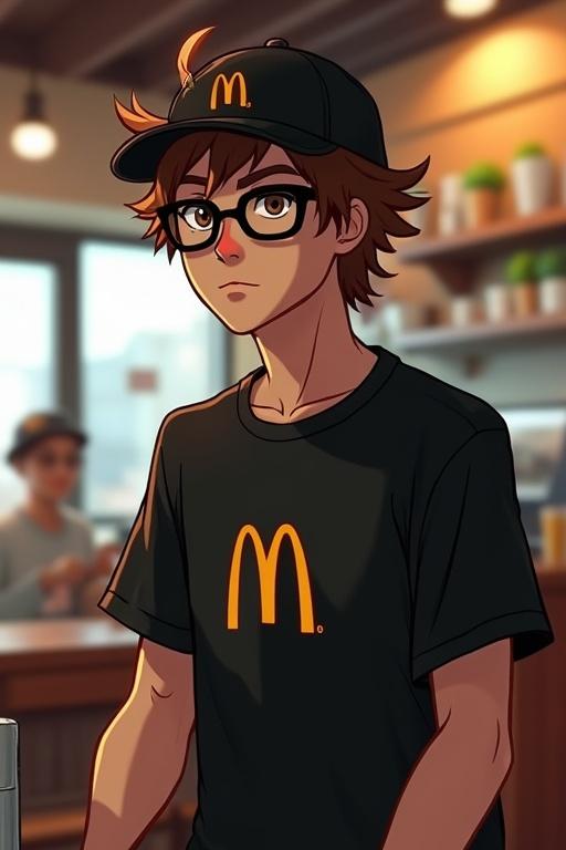 A cafe scene featuring a male character inspired by R6. Character has brown shaggy hair, wears a black T-shirt with a McDonald's logo, a cap, and black glasses. The environment conveys a casual cafe setting.