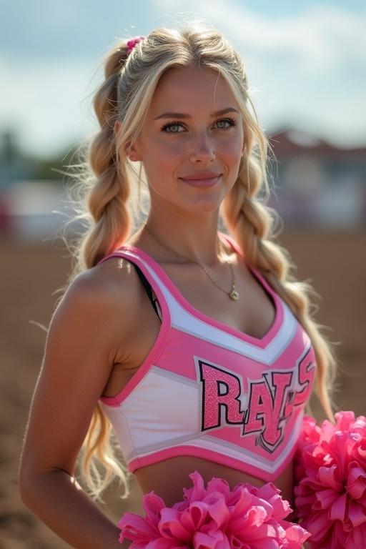 Attractive woman with long blonde hair in side ponytails. Intense blue eyes. Dressed in pink and white cheerleader uniform. Holding pom poms. Cheering at a rodeo event.