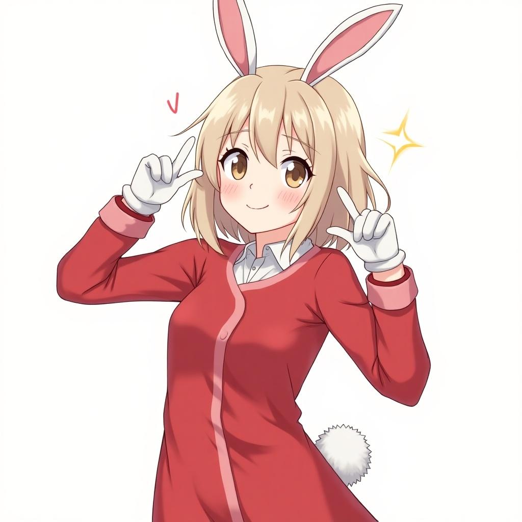 An anime-style character stands playfully, sporting cute bunny ears and white mitts. She wears a vibrant red outfit that adds to her charming appeal. Her expression is cheerful, with a hint of shyness, as she poses with her fingers making cute gestures. There’s a fluffy bunny tail visible on her back, enhancing her playful character design. The background is minimalistic to keep the focus on her. This character exudes a kawaii aesthetic popular in anime culture.