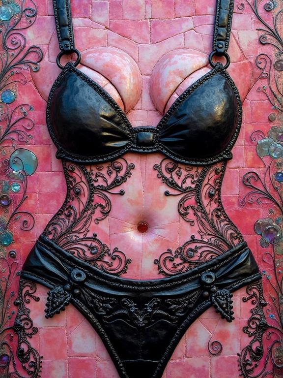 3d iridescent ceramic tile and glass mosaic features an abstract design. The piece presents gothic-style bikini panties in pink and black colors with flashy encaustic mixed media elements.