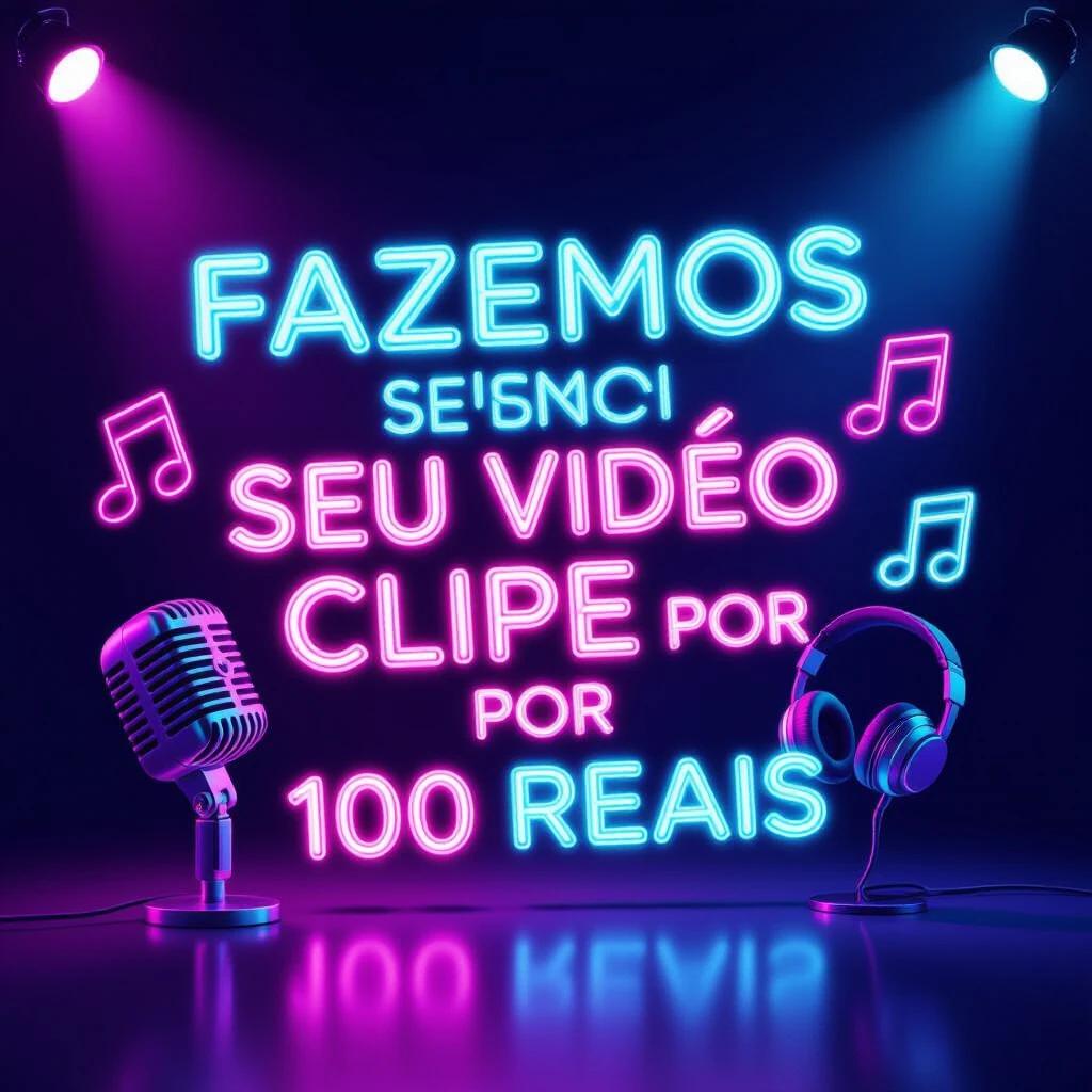 3D text reads 'FAZEMOS SEU VÍDEO CLIPE POR 100 REAIS'. Neon glow is prominent. Includes 3D music icons such as notes, microphone, and headphones. Features vibrant neon colors and professional lighting.