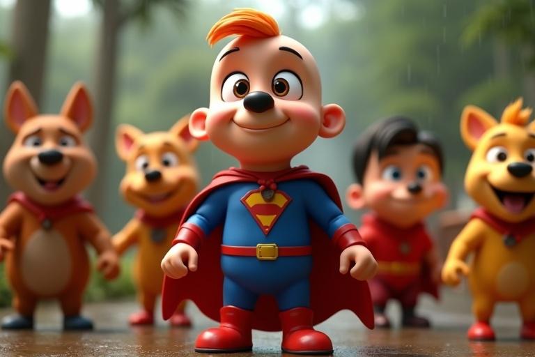 A group of superheroes stands united in purpose. Each character wears vibrant colors. The superhero in the front features a blue suit with a red cape. The background features a garden with rain. The scene portrays a cheerful and adventurous atmosphere.