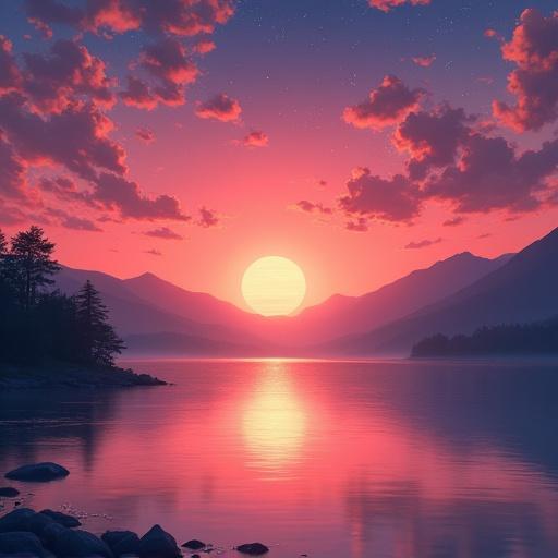 Anime nature wallpaper in 4K quality. Style of photography with a 35mm lens inspired by Makoto Shinkai. Breathtaking sunset over tranquil lake. Sky painted in hues of orange and pink. Silhouette of mountains in the background. Warm and serene color temperature. Cosmos lighting with twinkling stars in the sky. No human characters. Peaceful and reflective atmosphere.