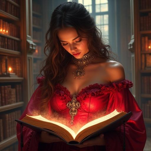 A magical woman draws spells from an ancient spellbook in a grand library. She wears a stunning red gothic dress. The scene is richly detailed and illuminated with a soft glow. The focus is on her and the enchanting book. Art styles influenced by digital painting and concept art.