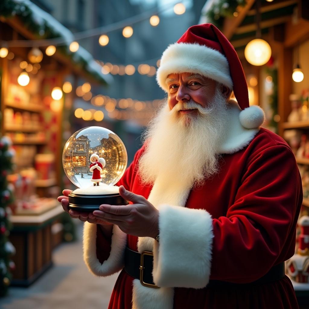 Christmas scene features Santa Claus in red and white suit holding a snow globe. Background shows a toy shop with festive decorations and glowing lights.