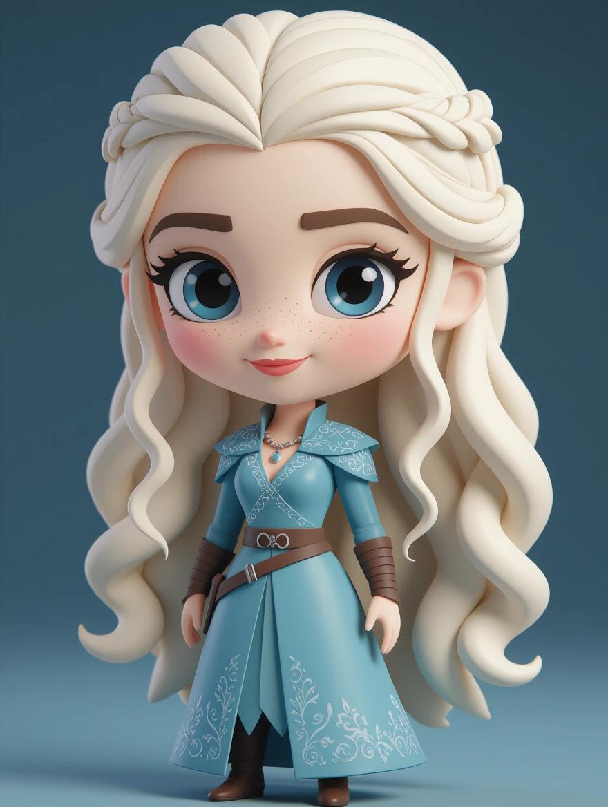 A cute 3D character inspired by Daenerys Targaryen in a kawaii style. The character features light blue clothing, wavy white hair, and large expressive eyes.