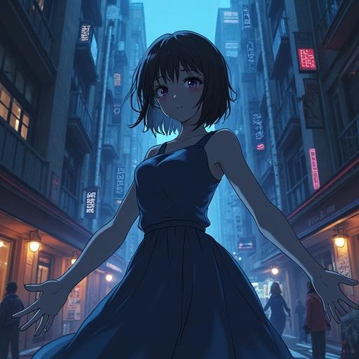 Cinematic anime style with a character in a night-time urban setting. The character stands with arms outstretched in front of buildings.