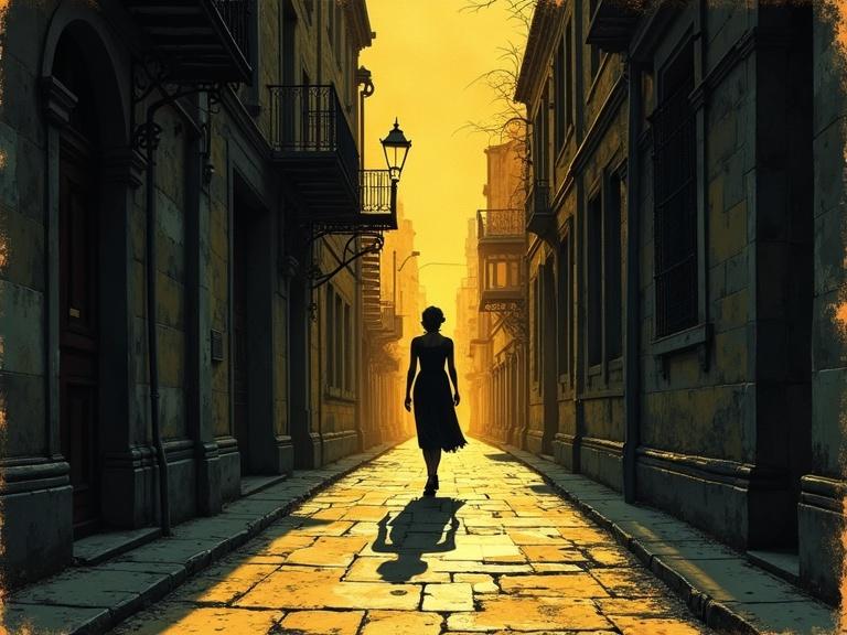 Golden age artwork depicting a woman walking alone in a shadowy alley of a 1920s city. Shadows stretch along the ground creating phallic shapes. Dark vibrant colors mix with intricate details. Showcasing vintage aesthetics with crackled textures and distressed appearance. Employ crosshatching technique and splatters resembling coffee stains. Features a burnt wood element and iridescent sheen. Captures film noir lighting style.