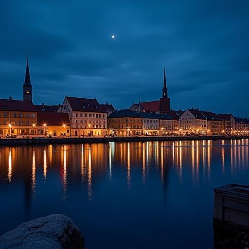 Night view of Stadshuset in Stockholm. Sky is dark. Buildings illuminated. Reflections on the water are visible. Calm atmosphere.