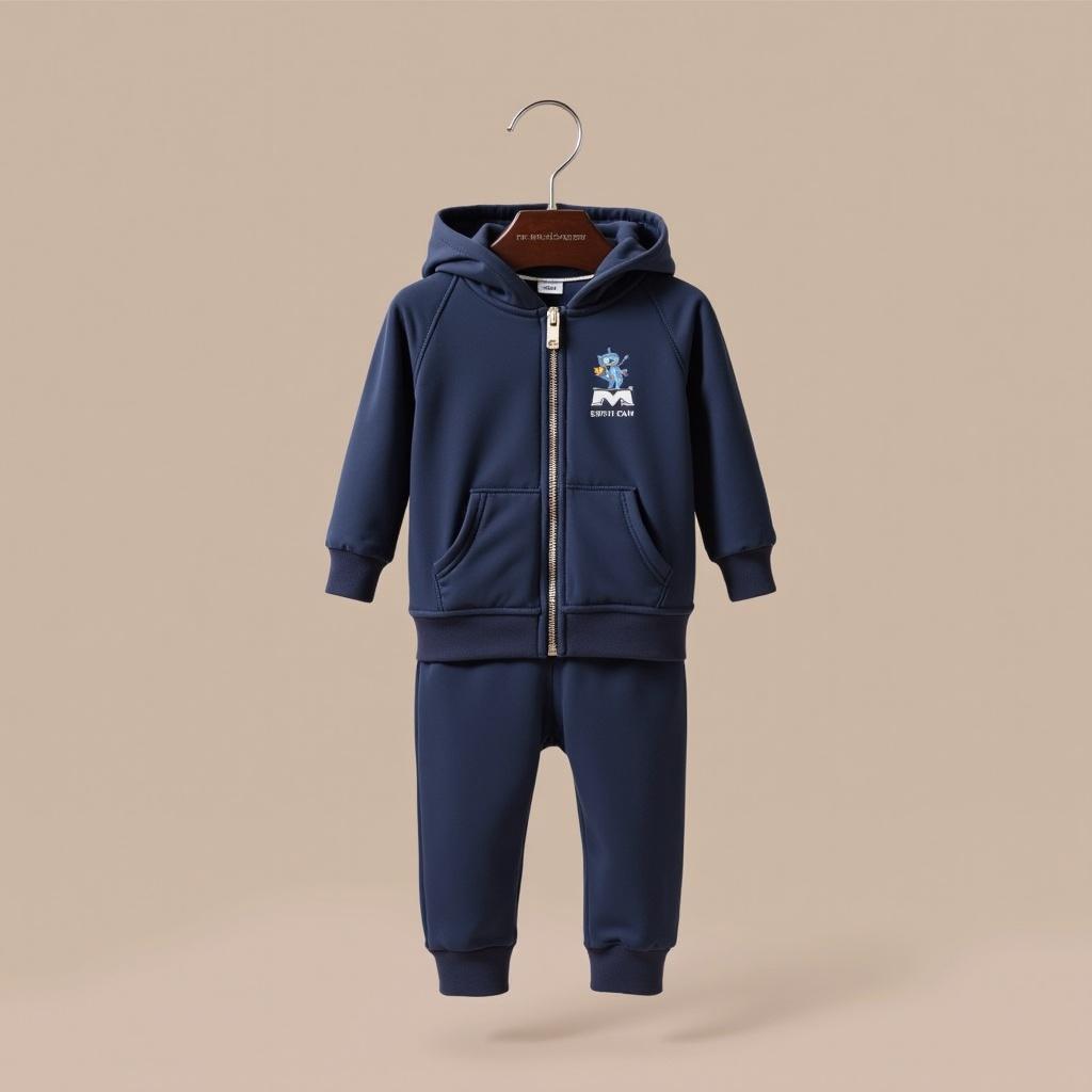 Navy blue baby tracksuit with zip-up hoodie. Outfit includes pants and front pockets.Feature small logo on chest. Soft fabric designed for infants. Displayed on hanger against a neutral background.