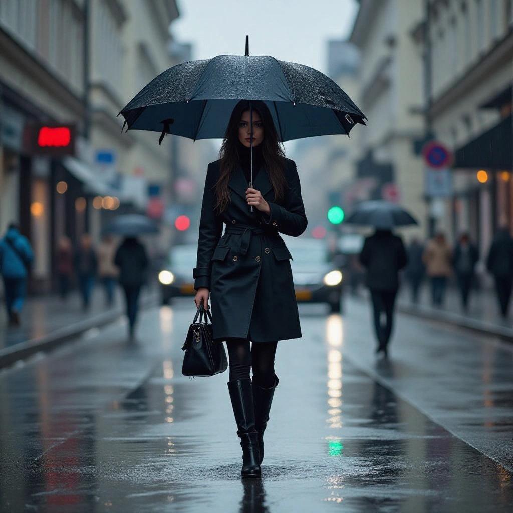 A model stands in the rain with an umbrella on a city street. The background features blurred street lights. The model wears a hooded coat, creating a stylish appearance.