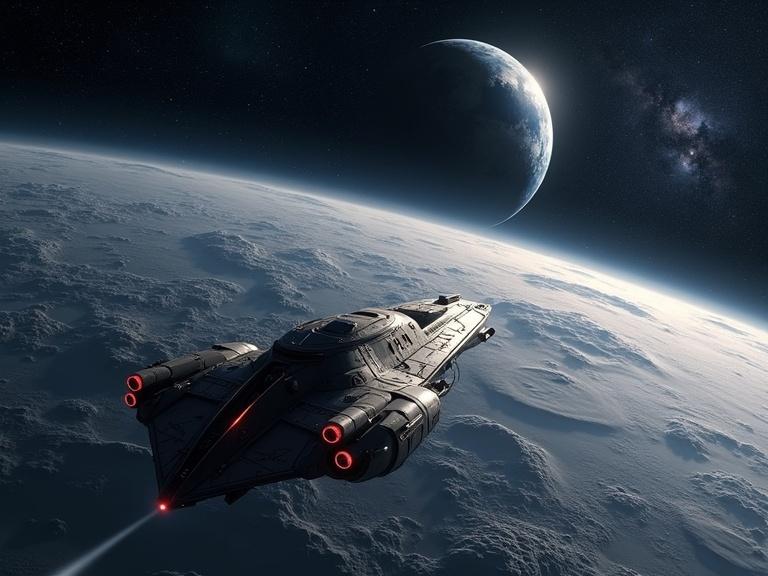 View of a spaceship arriving to the moon. Background space features planet Earth.