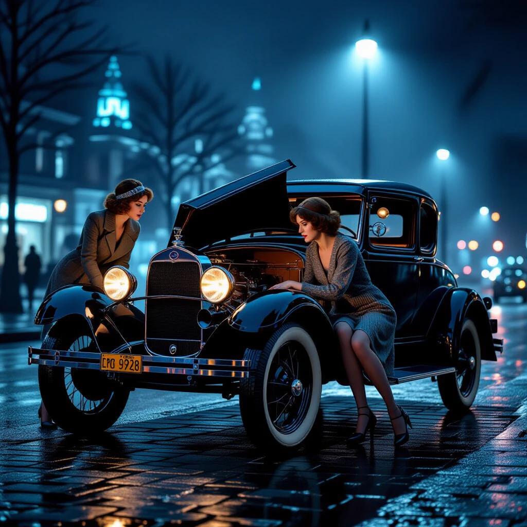 Vintage car breakdown scene at night. Two women involved in car repair. Hood of a 1928 Ford Model A open displaying engine details. Emergency lantern and street lights create shadows. Wet cobblestones reflect city lights in the background. Realistic textures on car and clothing.