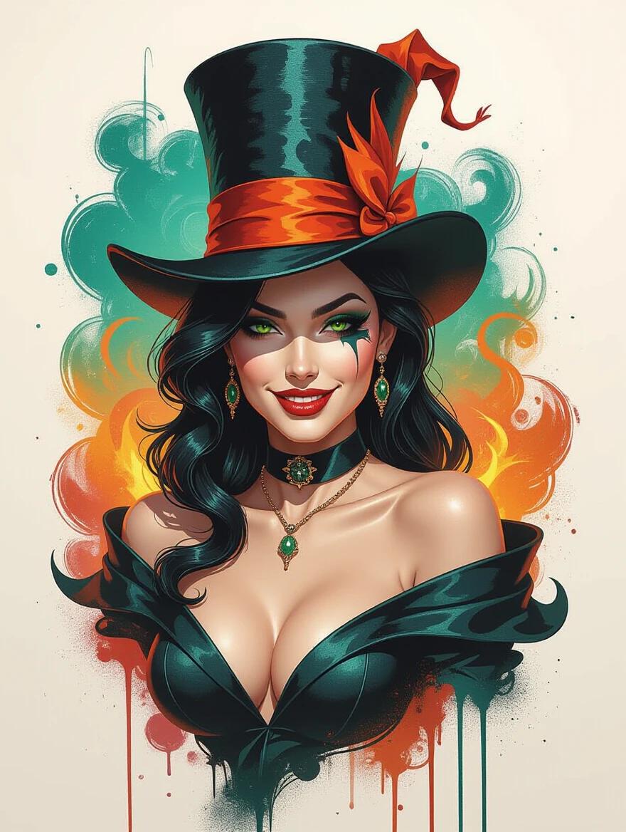 Female magician with a lavish top hat. Intense gaze and twisted smile. 3D oil painting style with futuristic elements. Blending high-contrast aesthetics and vibrant baroque colors. Features thick encaustic strokes and molten wax textures. Swirling colors create a dramatic backdrop.