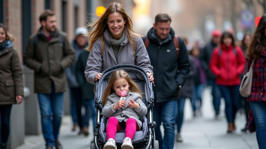 A mother with her daughter in a stroller on a busy sidewalk. The mother is dressed casually. The daughter wears pink leggings and a jacket. The crowd around them is lively. The child has a pacifier in her mouth. The mother is dedicated while pushing the stroller. A joyful and family-friendly scene in an urban setting.