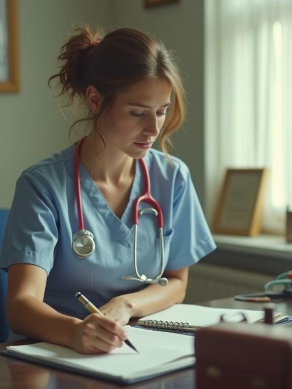Nurse writing notes at her desk in a healthcare setting. Wearing scrubs. Stethoscope around her neck. Office supplies scattered on the table. Warm indoor lighting from a window. Low-resolution image.