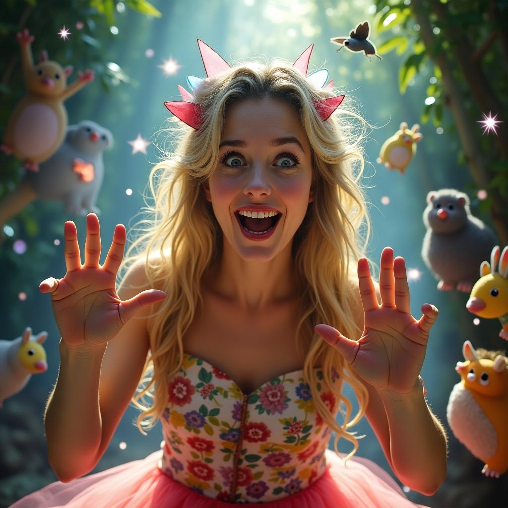 A joyful woman in a floral dress surrounded by cute fantasy creatures in a vibrant forest.