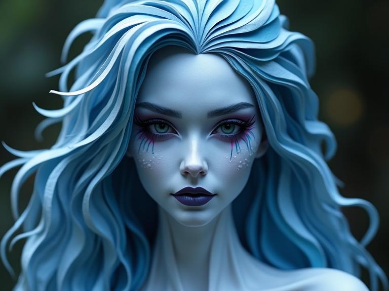 3D representation of a beautiful woman created with origami paper folds. Hair designed in shades of white and cobalt. The image captures the seams and texture of the paper folds. A soft focus effect enhances the ethereal quality of the artwork. Nighttime background adds depth to the panoramic scene.