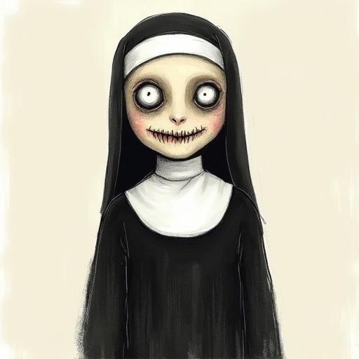 A full-body drawing of a nun in a childlike style. The nun has a creepy expression with wide eyes and a subtle smile. Traditional black habit and white wimple depicted. Illustration resembles children's book art but contains chilling details like shadows and pale skin. The contrast creates an uncanny effect.