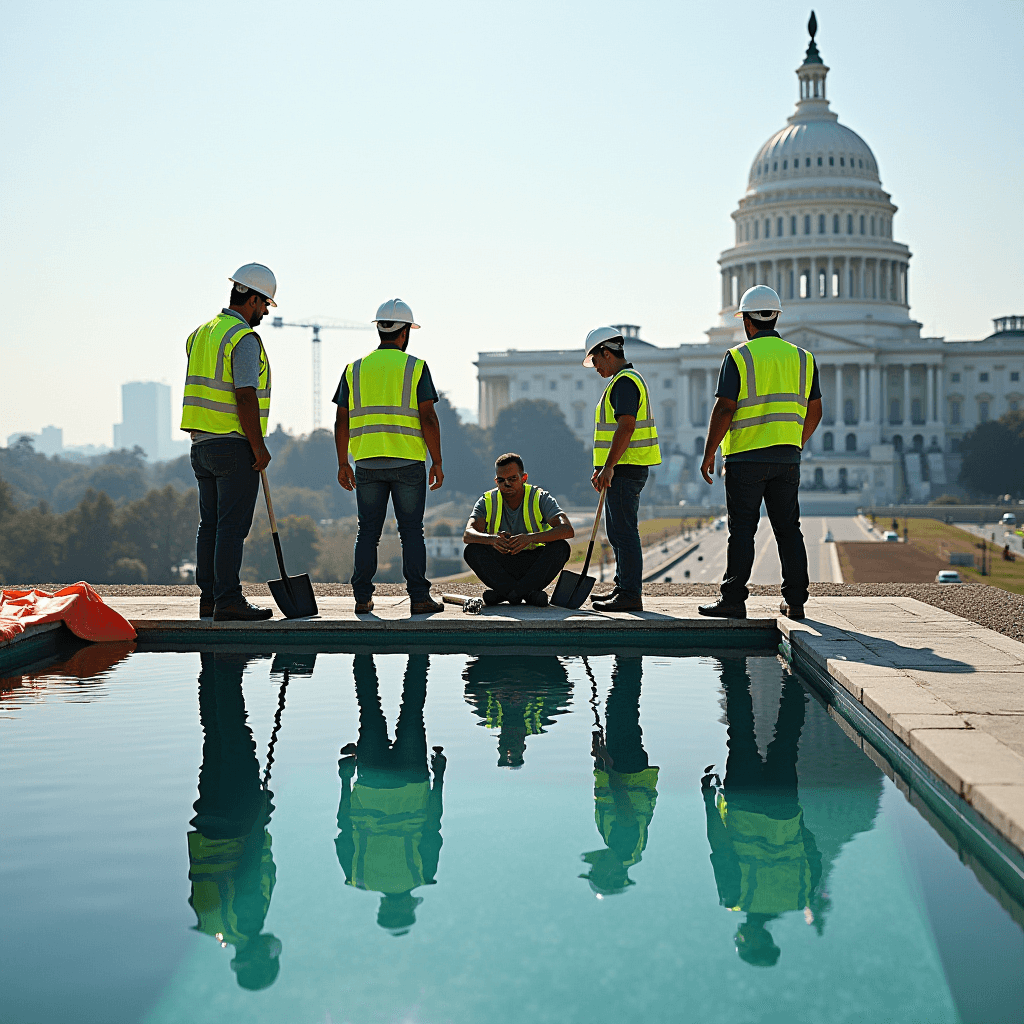 Five construction workers in neon vests and helmets stand by a reflective pool near a large government building.