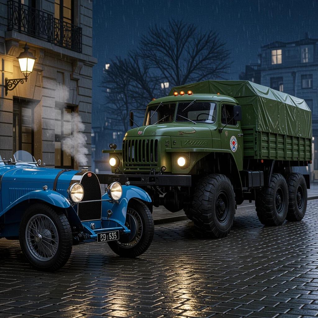 Night scene showing two vehicles. Left is a 1924 Bugatti Type 35 in French Racing Blue parked curbside. Its headlights are slightly on with steam from exhaust. Right, a 1951 Soviet 4x6 military truck with massive wheels is casting light beams. Low angle highlights truck’s size. Waterloo street sign and holographic ads are reflected in puddles. Post-rain mist adds atmosphere. Shot with Leica SL3 camera. Ultra-sharp details and dramatic shadows.