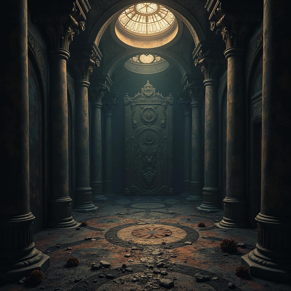Fancy complex dark art music album cover featuring an ornate corridor with a grand door. Soft light filters through a domed ceiling. Decorative elements adorn the space.
