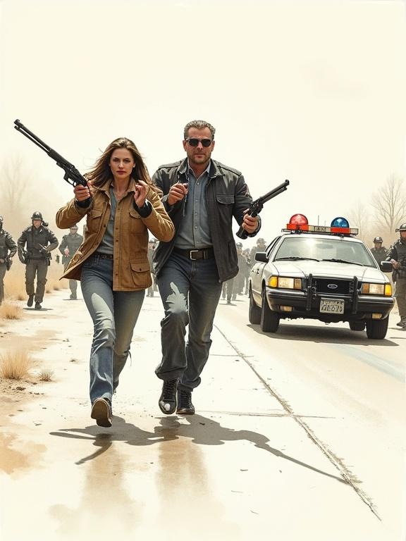 Couple holding shotguns running chased by police officers beside a car. Hand-drawn style with minimalist ink lines and subtle shading. Natural forms and organic composition. Vintage aesthetic with professional quality. Natural palette with soft watercolor accents.