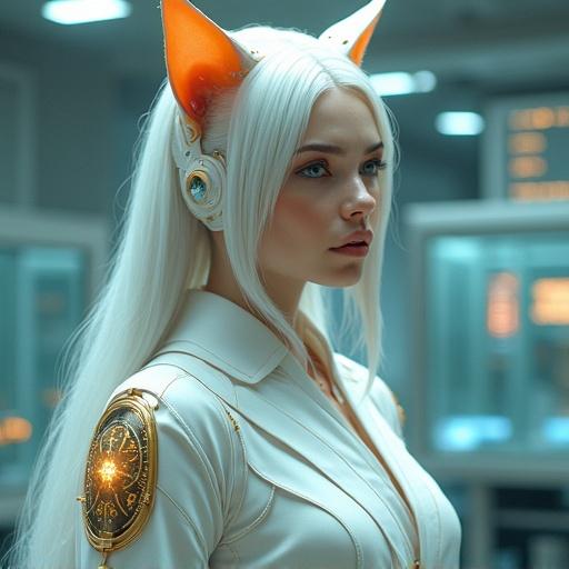 A hyper-realistic half-body portrait features a divine cat goddess with feline characteristics. She has white silver hair and golden vertical cat eyes. Her skin is softly glowing. Twin tails are subtly visible behind her. She's clad in a futuristic white lab suit blending kimono and goddess gown elements. A golden cat-ear neural interface headpiece adorns her head, and cybernetic tattoos glow on her arms. Floating holographic displays and digital data surround her in a high-tech laboratory filled with glass panels and scientific equipment, illuminated by soft ambient lights and cinematic lighting.
