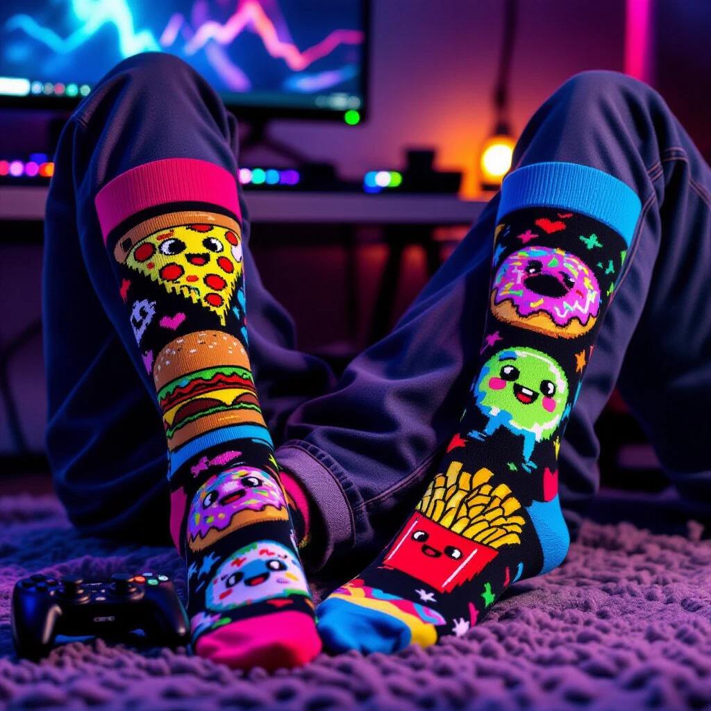 Lifestyle photo showing colorful ankle socks with retro gaming food characters. Socks feature pixelated pizza slices with googly eyes; caped hamburgers; smiling donuts with rainbow sprinkles; victory-posing french fries in electric blue, hot pink, lime green, and sunshine yellow against black fabric. Wearer sits casually with feet crossed. Gaming controller rests nearby on a modern desk. Dark jeans contrast with vibrant sock colors. Cozy gaming room setting with subtle RGB lighting. Warm lighting enhances food character visibility.
