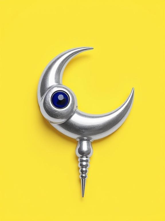 Pop art illustration of a silver brooch shaped like a crescent moon with an eye. Brooch is silver and shiny. Eye has a deep sapphire-blue iris. Isolated on a yellow background.
