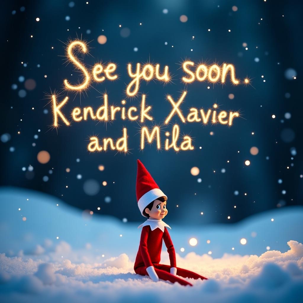 Create a magical nighttime scene featuring an Elf on the Shelf sitting in a snowy landscape. The elf wears a traditional red and white outfit, surrounded by soft, glistening snow. Above the elf, glowing text reads 'See you soon Kendrick Xavier and Mila', resembling sparkler lights in the sky. The background features a dreamy, starry night, enhancing the enchanting feel. Snowflakes gently fall, adding a whimsical touch to the atmosphere.