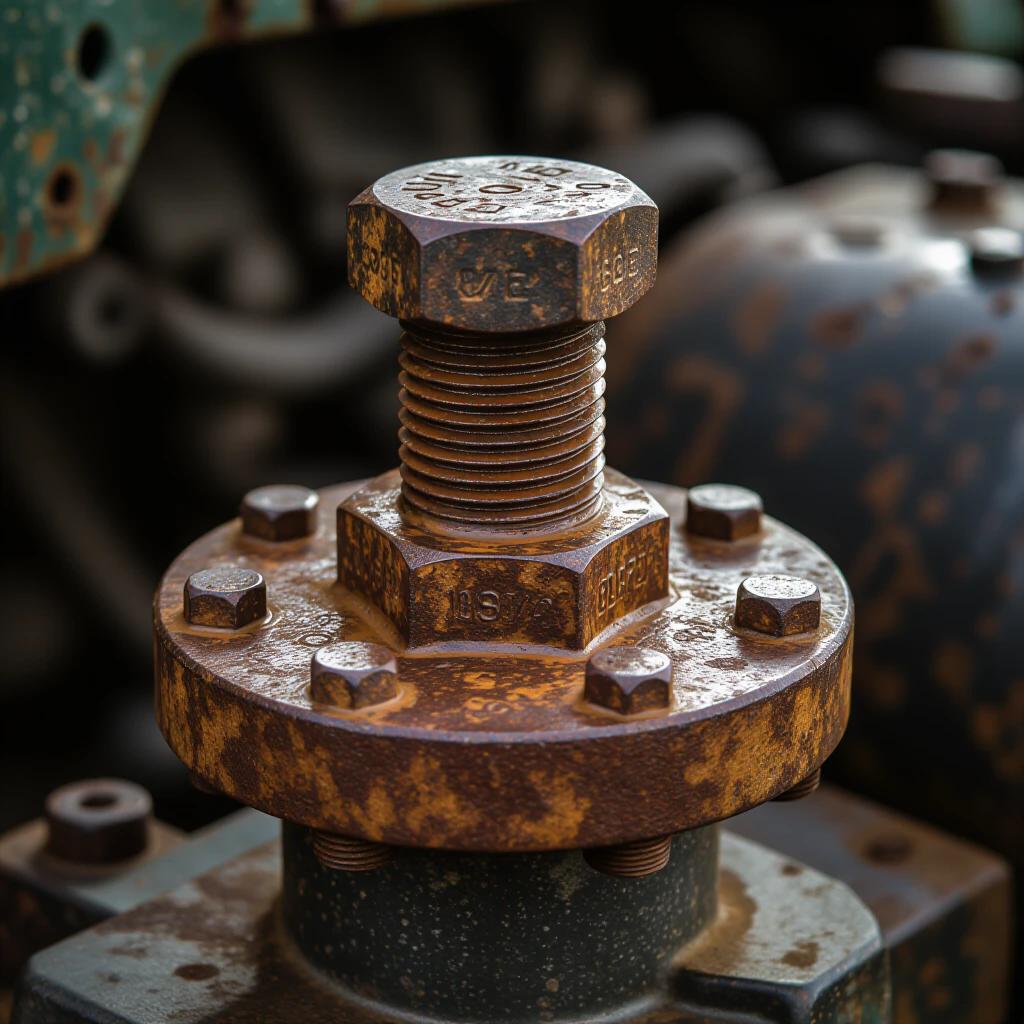 Macro photography features a heavily rusted Soviet M14 hexagonal bolt for water pump attachment on a truck engine. Ultra-sharp details captured from the front at a 0° tilt. Showcases the weathered texture and intricate mechanical design.