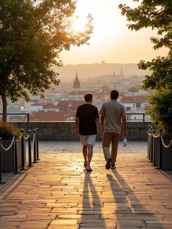 Photograph captures a cityscape during sunset from an elevated viewpoint. Warm golden light fills the scene. Two individuals stroll on a stone-paved terrace. One in a black shirt with white shorts, the other in a beige shirt with light brown pants. Lush green trees surround. Rope barriers line the path. City buildings with red and white rooftops are in the background, fading into the horizon. Soft light casts long shadows, adding tranquility. Slight haze creates depth. Overall atmosphere is serene and relaxed, representing everyday life.