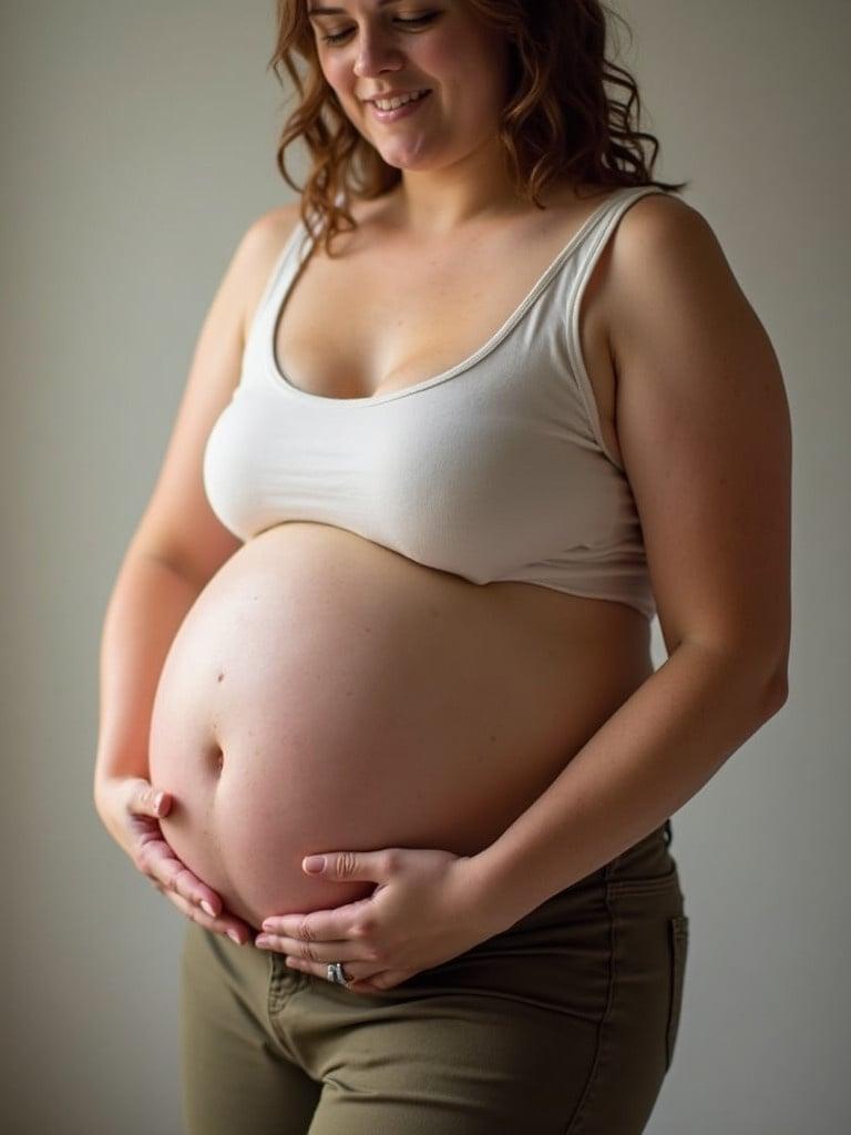 Female body exhibiting a large pregnant belly. She rubs her belly highlighting how bloated she is.