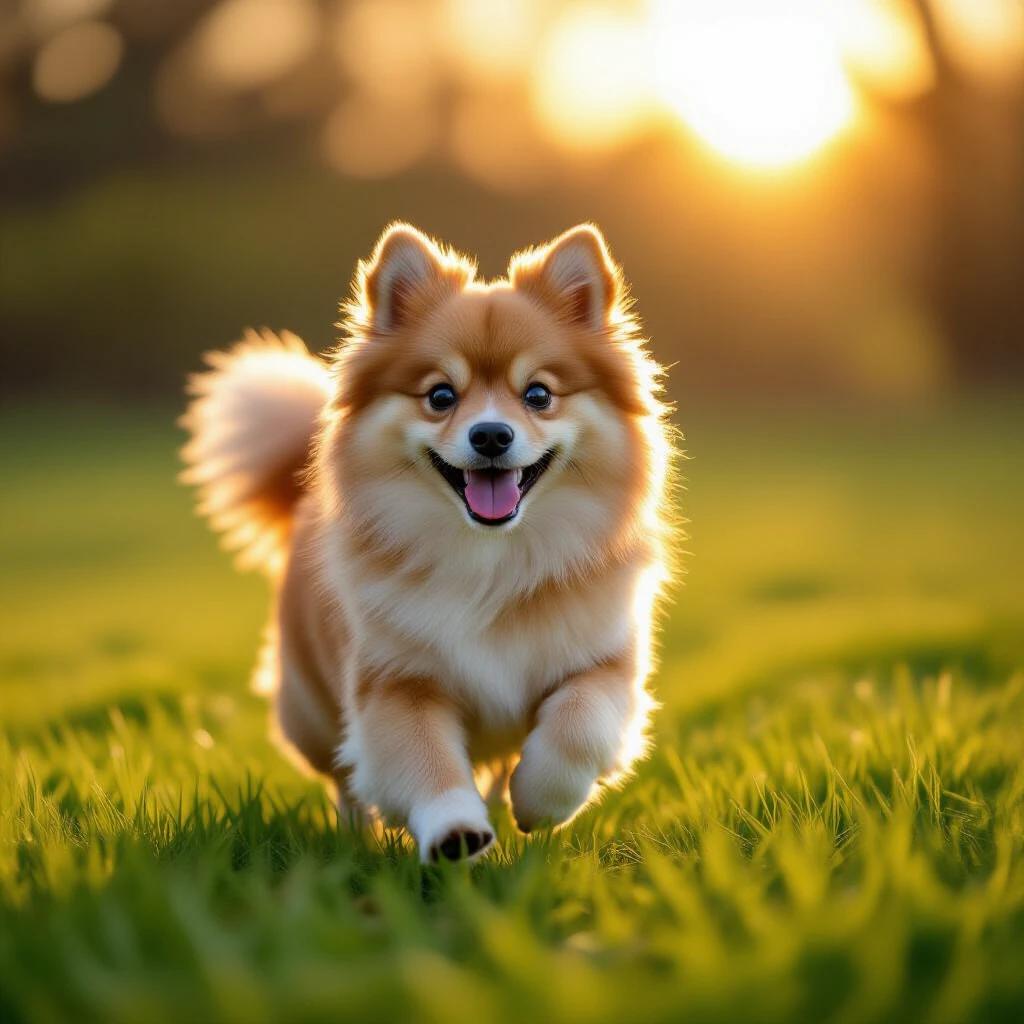 A Pomeranian dog running on a green lawn. The scene is illuminated by soft morning light. The dog appears joyful and energetic. The background is softly blurred to emphasize the dog's movement.