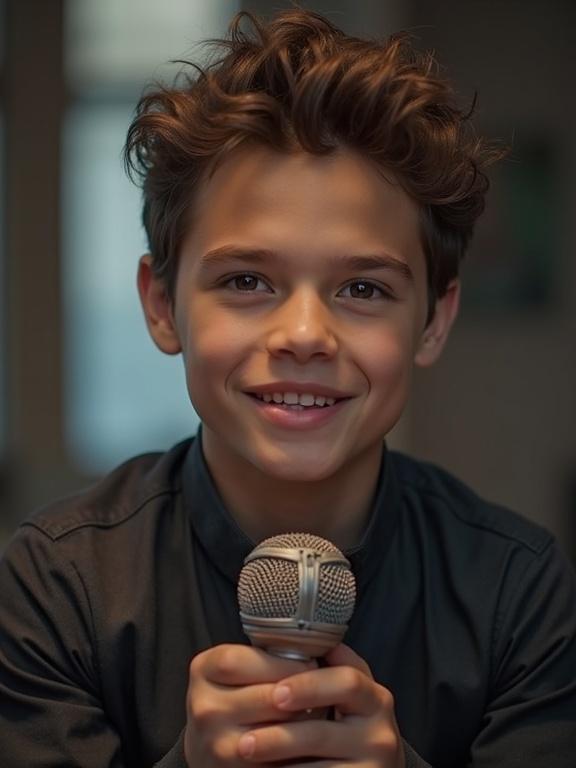 A realistic image of a boy with a joyful expression holding a microphone. The setting suggests a podcasting theme. The image is taken in high resolution, showcasing the boy's features with soft lighting.
