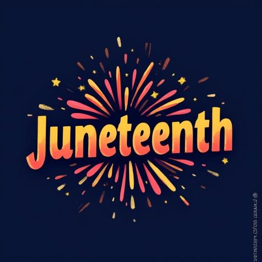 Design a vibrant modern logo featuring the word Juneteenth. Use bold stylized typography. Render the text in a gradient of deep reds oranges and yellows. Include abstract shapes like fireworks around the text. Set against a deep indigo background. Scatter subtle golden stars throughout the backdrop.