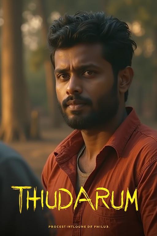 Portrait of a male character from a Malayalam movie titled Thudarum. The character has a serious expression. Soft lighting in a forest setting. Earthy colors dominate the image.