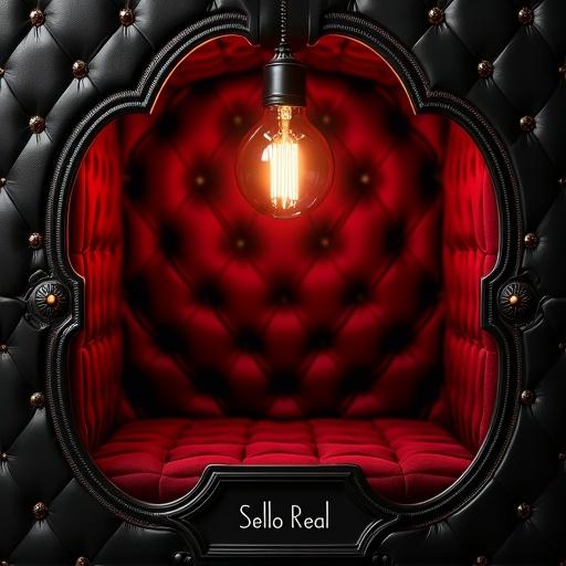 An opulent album cover inspired by vintage cabaret. Features symmetrical ornamental pattern made of black tufted leather. Cut-out sections reveal a red velvet texture. A glowing vintage filament light bulb hangs from the center. Creates a dark and decadent atmosphere. Engraved black chrome plaque says Sello Real. Style is photorealistic 3D render.
